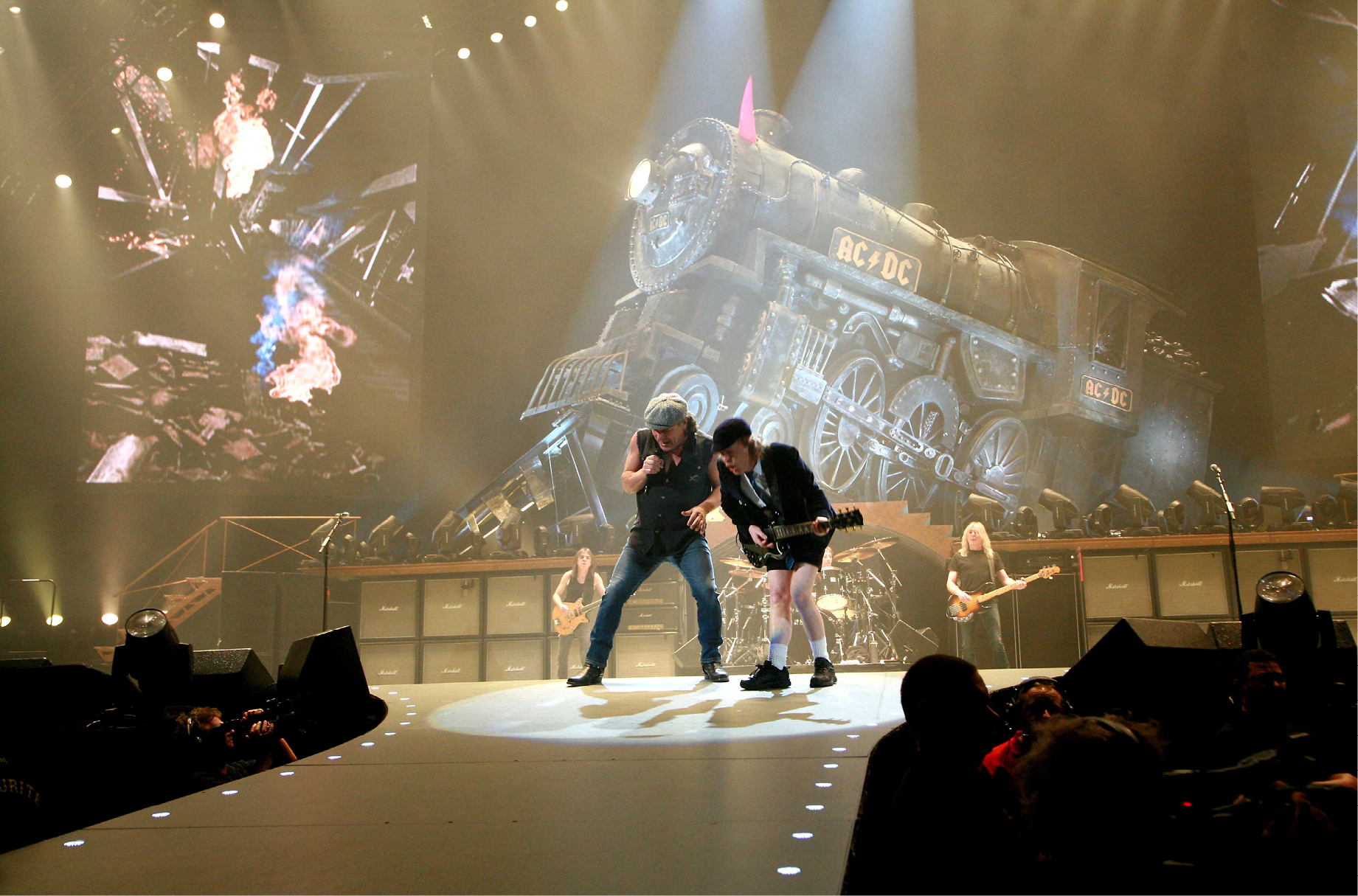 Singer Brian Johnson and Angus Young of the Australian rock band AC/DC perform in concert at the Palais Omnisport of Paris Bercy on their 'Black Ice World Tour'. Paris, FRANCE-25/02/2009.