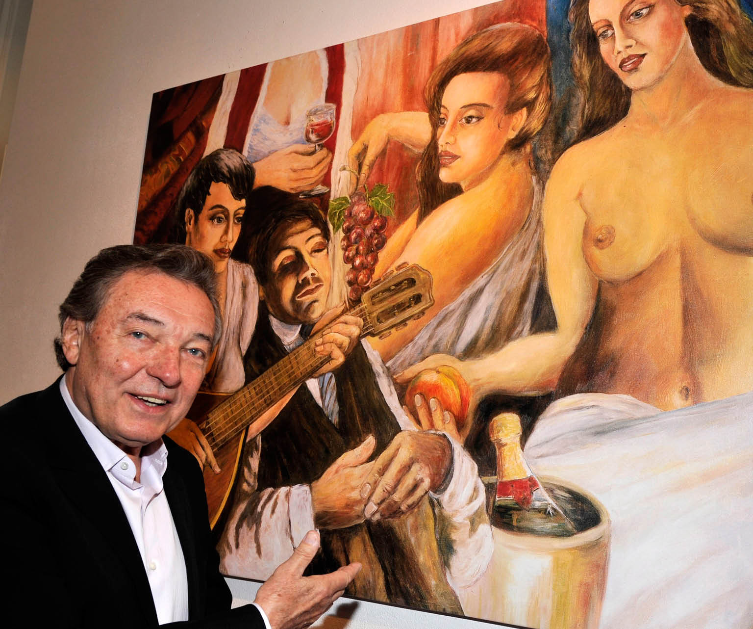 epa02140236 Czech singer Karel Gott poses for photographs in front of his painting entitled 'Sleep, give us a dream' (1999) from his private collection at Mensing Gallery in Munich, Germany, 02 May 2010. The exhibit 'Karel Gott, painter' runs until 10 May 2010.  EPA/URSULA DUEREN