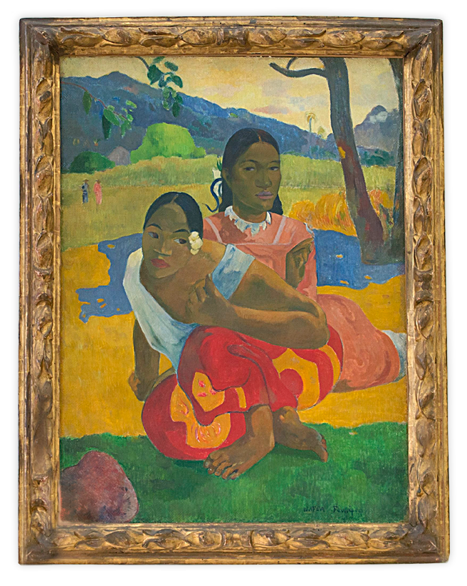 epa04605862 Two women look at the painting 'Nafea faa ipoipo' (When will you marry?, 1892) by French painter Paul Gauguin on display in the Fondation Beyeler in Riehen, Switzerland, 06 February 2015. The exhibition 'Paul Gauguin' runs from 08 February to 28 June.  EPA/GEORGIOS KEFALAS