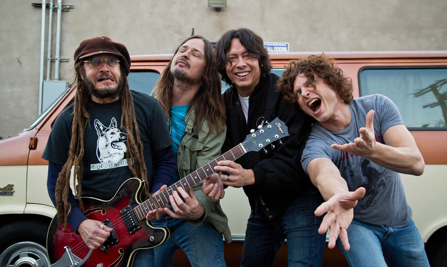 The members of OFF! outside their studio, during a break in the making of their newest album. Left to right: singer Keith Morris, bassist Steven McDonald, drummer Mario Rubalcaba and guitarist Dimitri Coats.