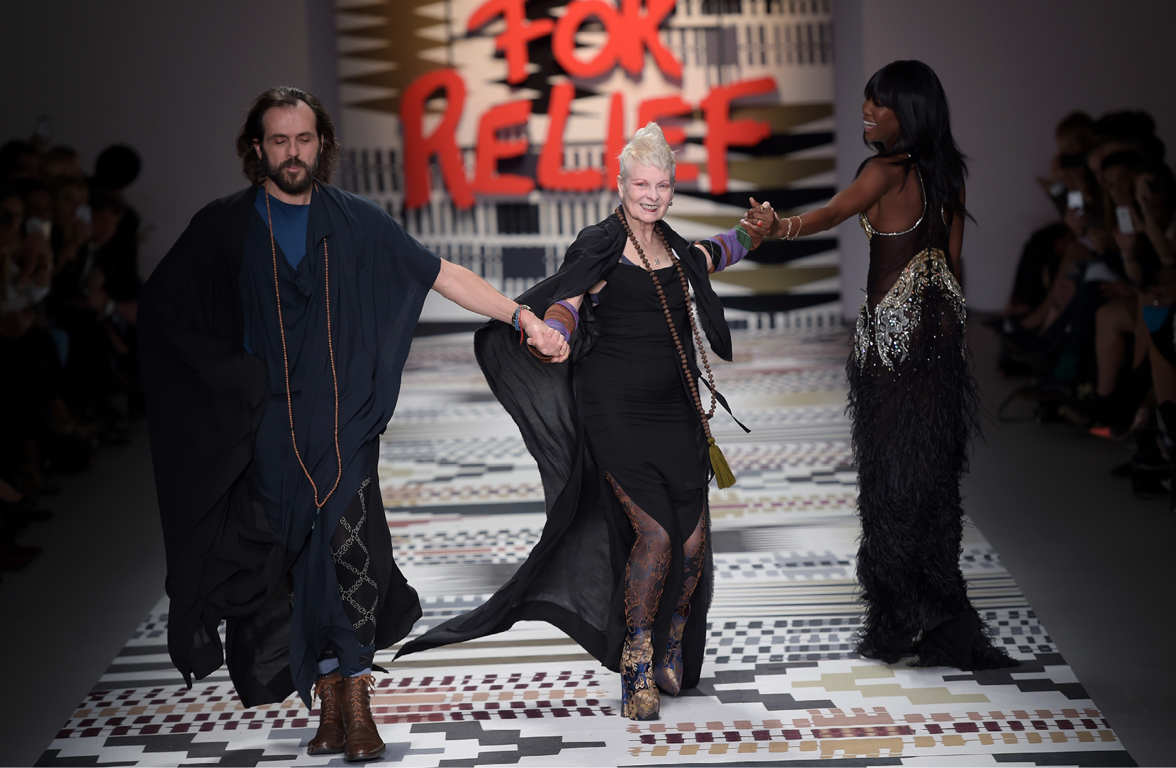 Vivienne Westwood and Andreas Kronthaler and Naomi Campbell walking the catwalk in the  Fashion For Relief charity fashion show at Somerset House, London, UK.  19/02/2015.